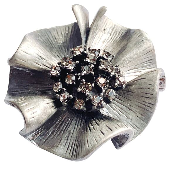 VTG Mid Century Brooch Flower Rhinestones Domed Layered Silver Tone Pin - Picture 1 of 10
